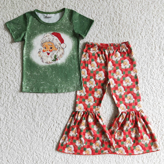 GSPO0182 girl christmas short sleeve green shirt and santa print bell bottoms outfit