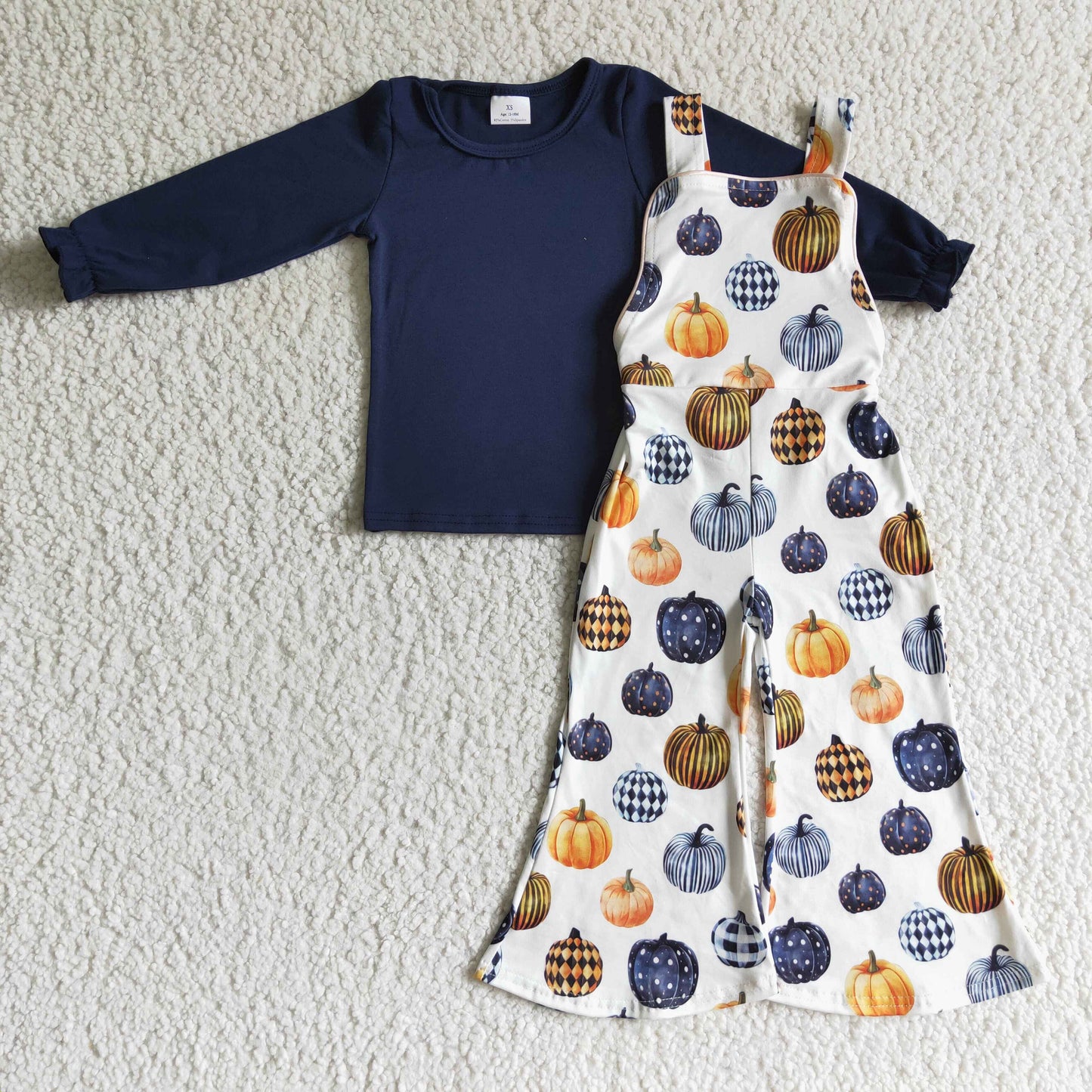 GLP0183 girl navy blue long sleeve top match pumpkins overalls set fashion kids fall outfit