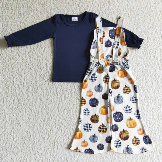 GLP0183 girl navy blue long sleeve top match pumpkins overalls set fashion kids fall outfit