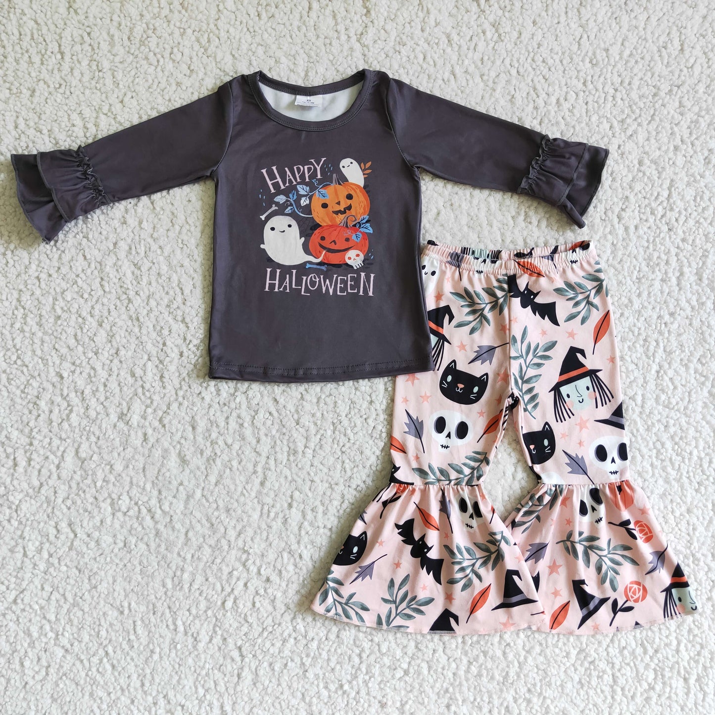 GLP0239 happy halloween girl black long sleeve top and pink bell pants outfit