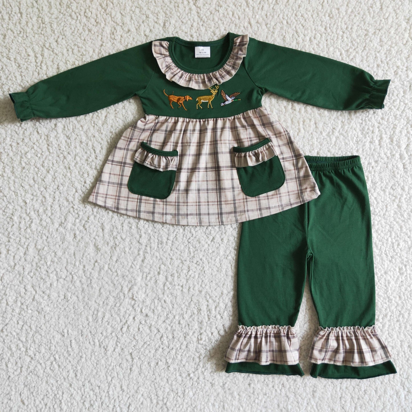 GLP0162 girl long sleeve animals embroidery top and green cotton ruffle pants kids fall outfit