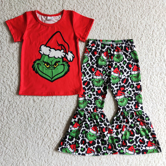 GSPO0162 christmas girl red short sleeve shirt and leopard flare pants 2pieces set