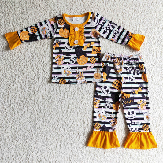 GLP0238 girl halloween pumpkin stripe long sleeve pajamas set