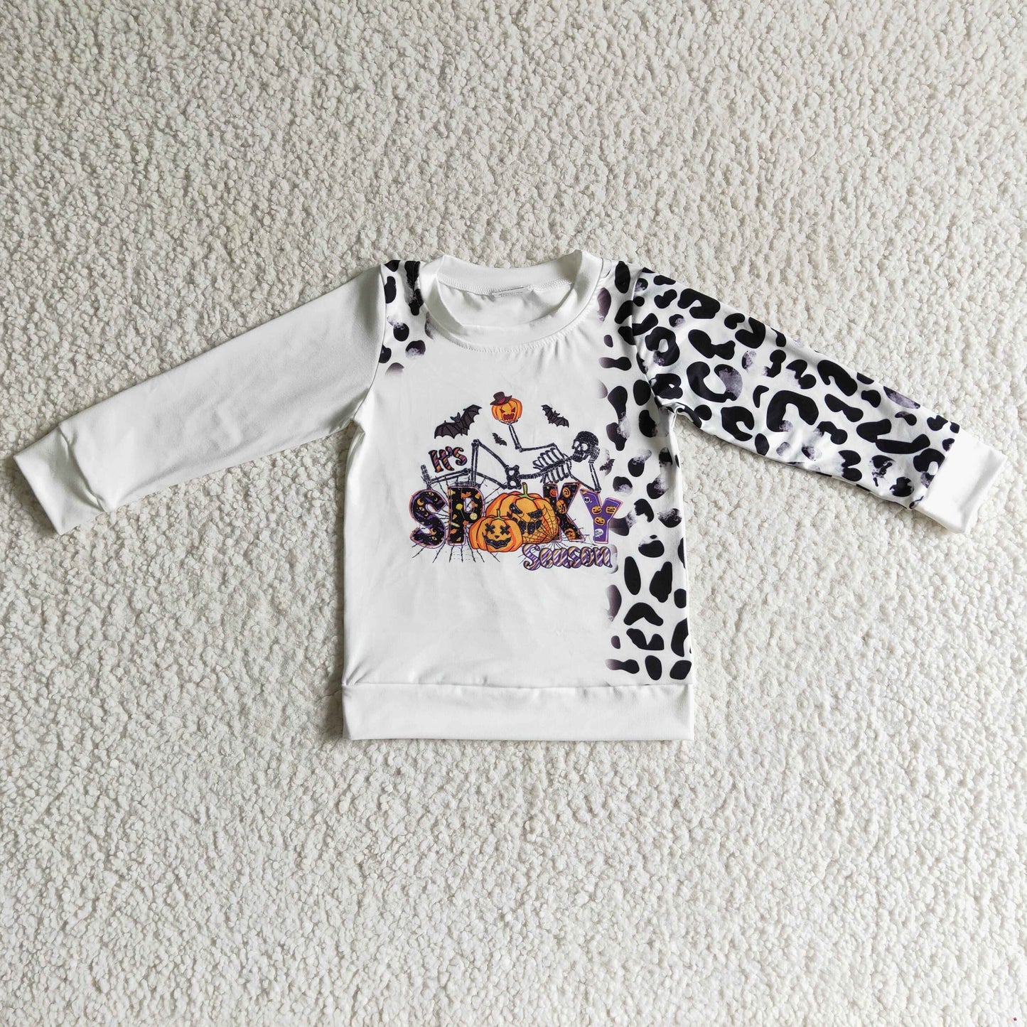 BT0065 halloween boy leopard and pumpkin stitching long sleeve top