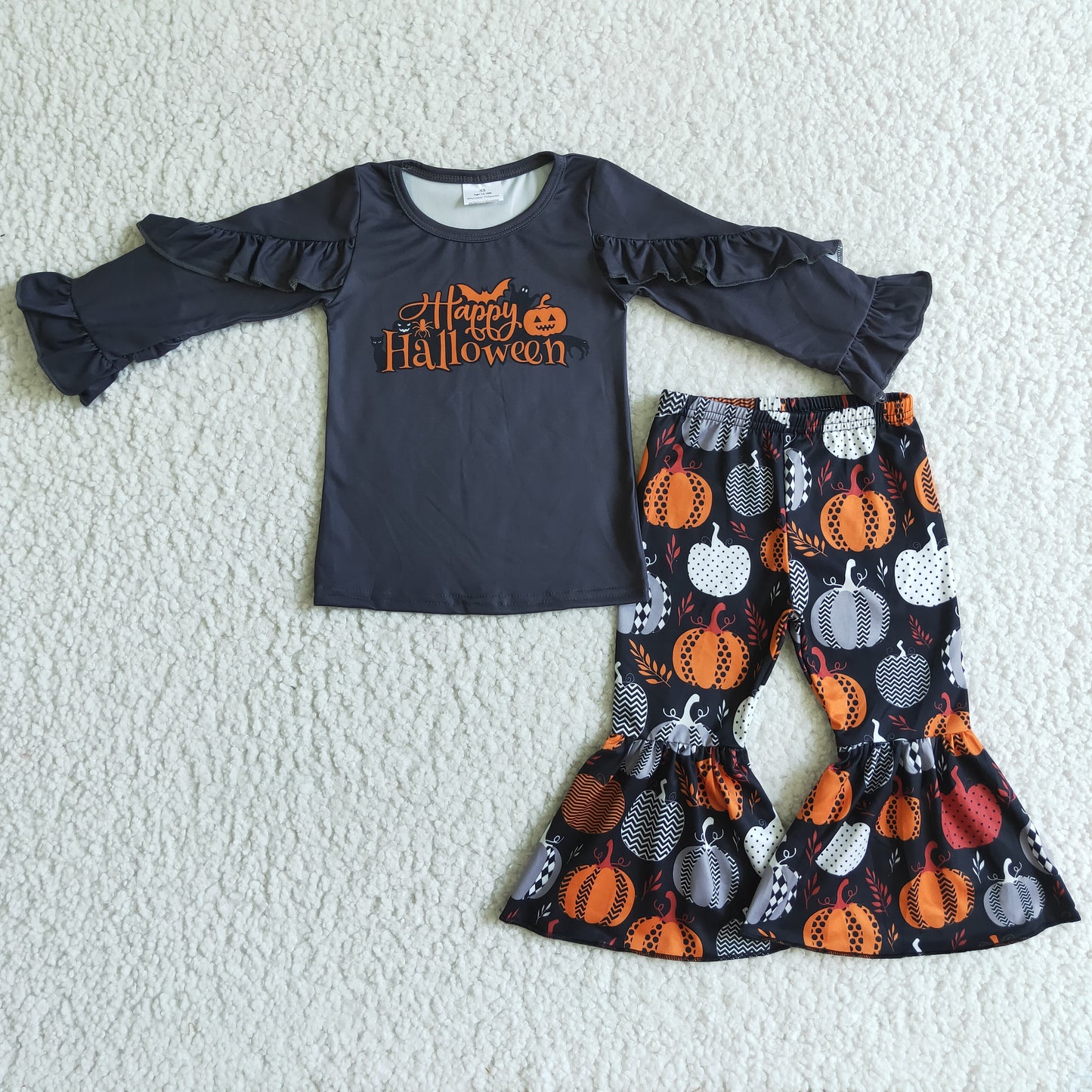 GLP0178 happy halloween girl black ruffle long sleeve top and pumpkin bell pants set