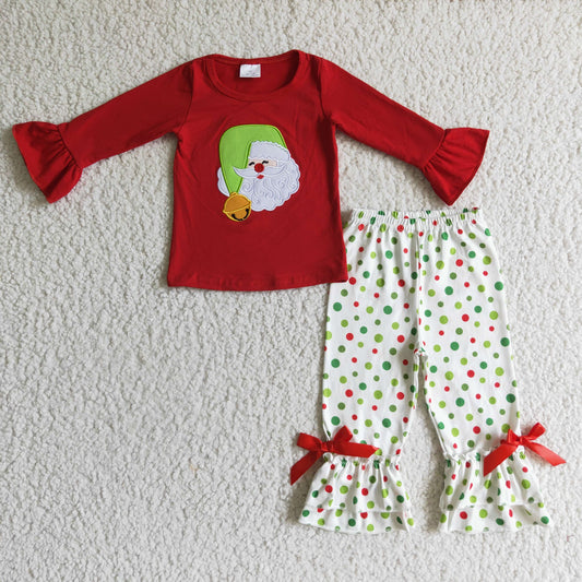 GLP0099 girl christmas santa embroidery red long sleeve top and colorful dot ruffle pants with bow-knot