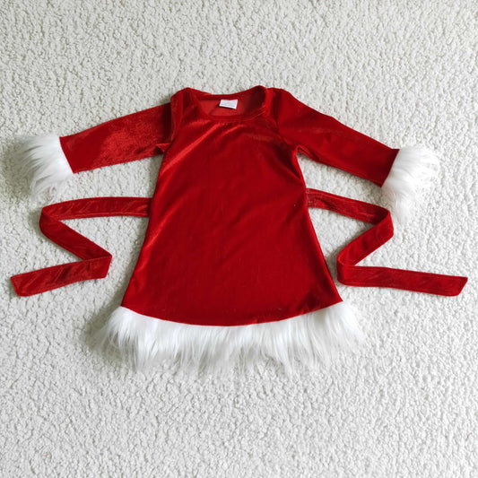 GLD0084 girl fall red long sleeve velvet frock christmas santa belt dress