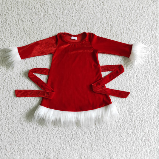 GLD0084 girl fall red long sleeve velvet frock christmas santa belt dress