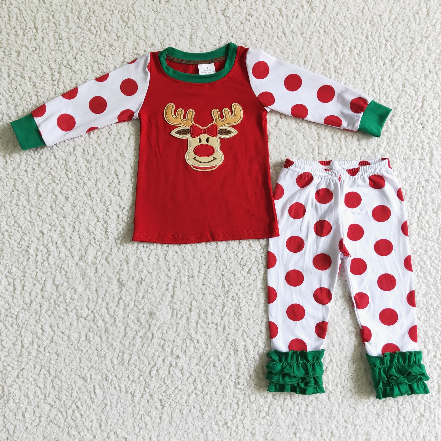 6 B4-18 girl high quality cotton deer embroidery long sleeve top and red dot icing ruffle pants