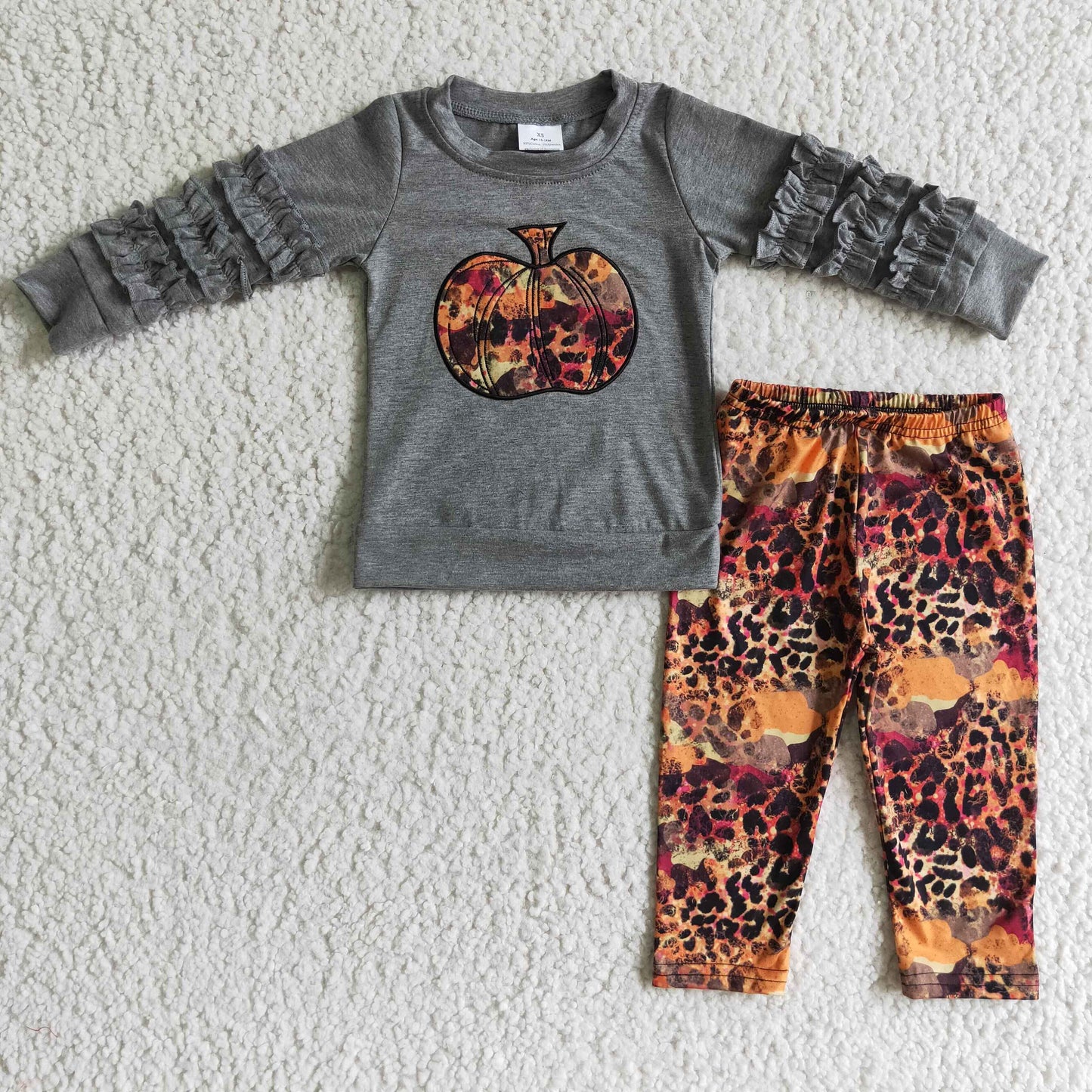 GLP0210 girl fall embroidery pumpkin gray top and leopard pants set halloween long sleeve outfit