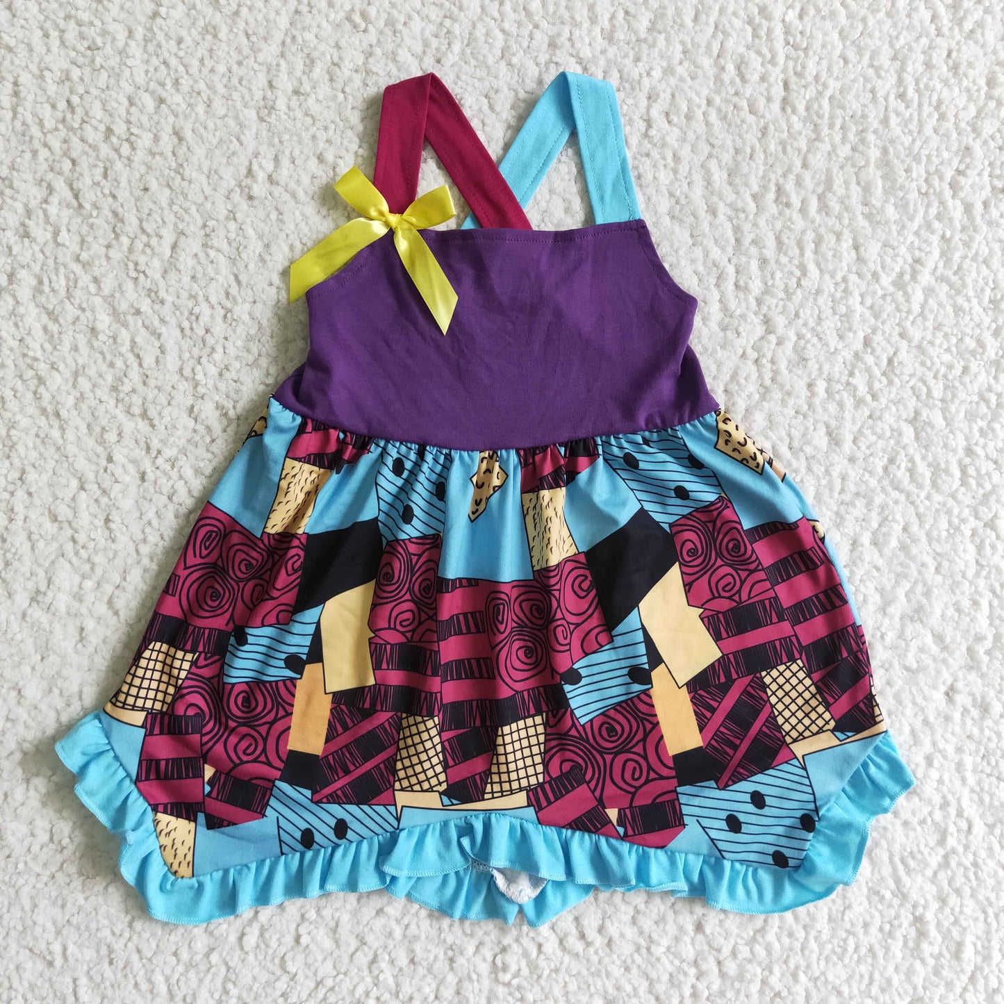 SR0083 new arrival kids suspender stitching frock with yellow bow-knot