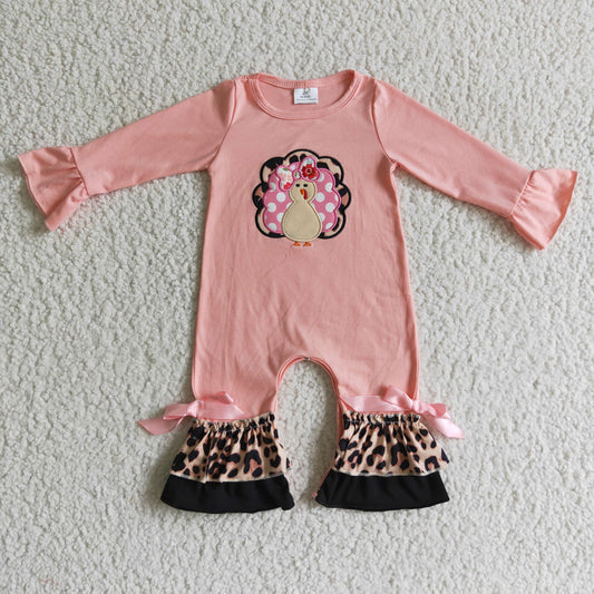 LR0112 baby girls pink long sleeve romper with turkey embroidery