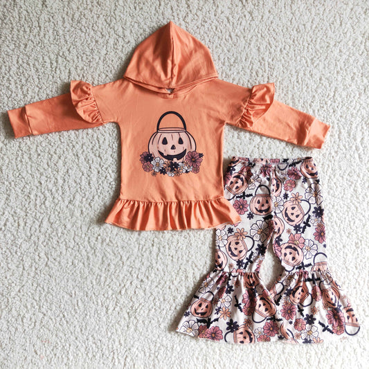 GLP0213 girl orange long sleeve hoodie match pumpkin bell pants for halloween