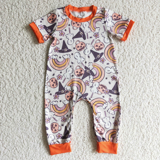 SR0085 boy pumpkin and rainbow print short sleeve romper with o-neck