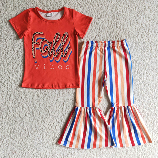 GSPO0186 Girl red short sleeve shirt and stripe bell pants set fall vibes kids outfit