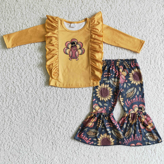 GLP0201 girl yellow long sleeve turkey top and sunflower bell pants outfit