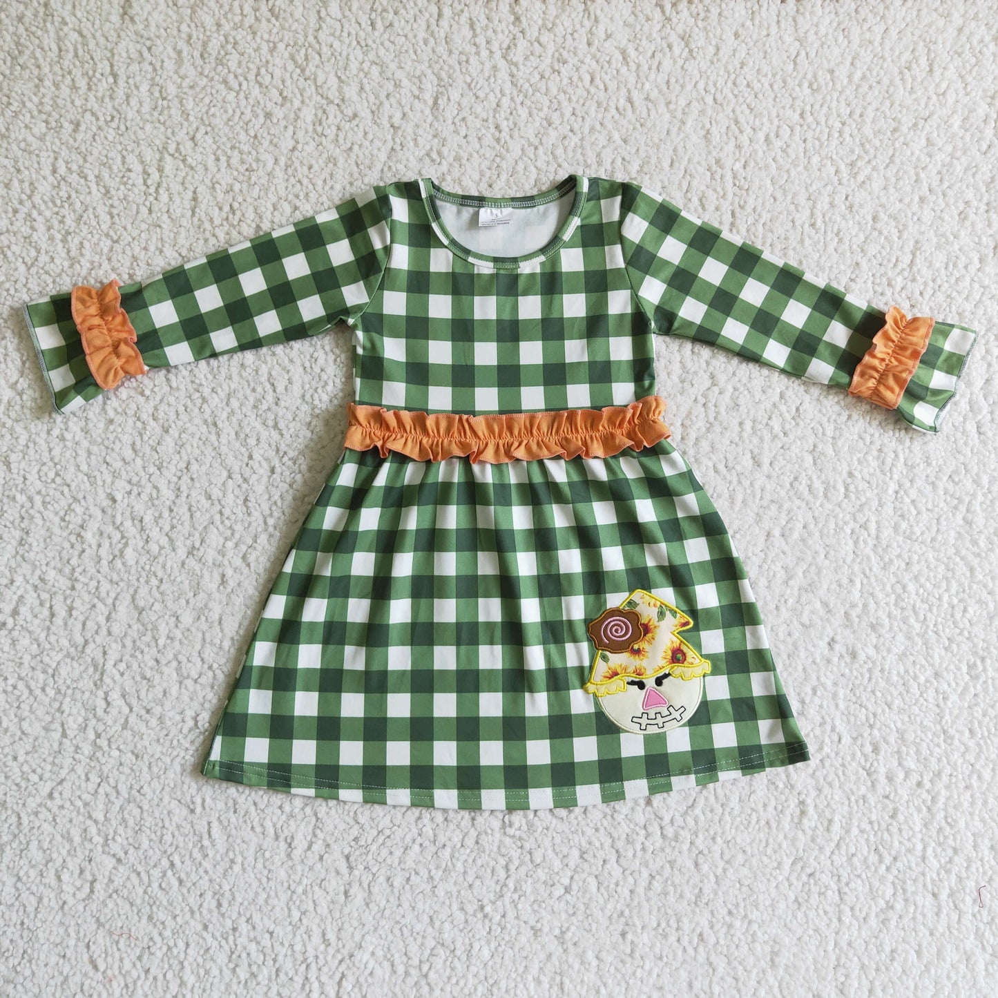 GLD0067 girl green and white plaid long sleeve frock kids fashion embroidery craft dress