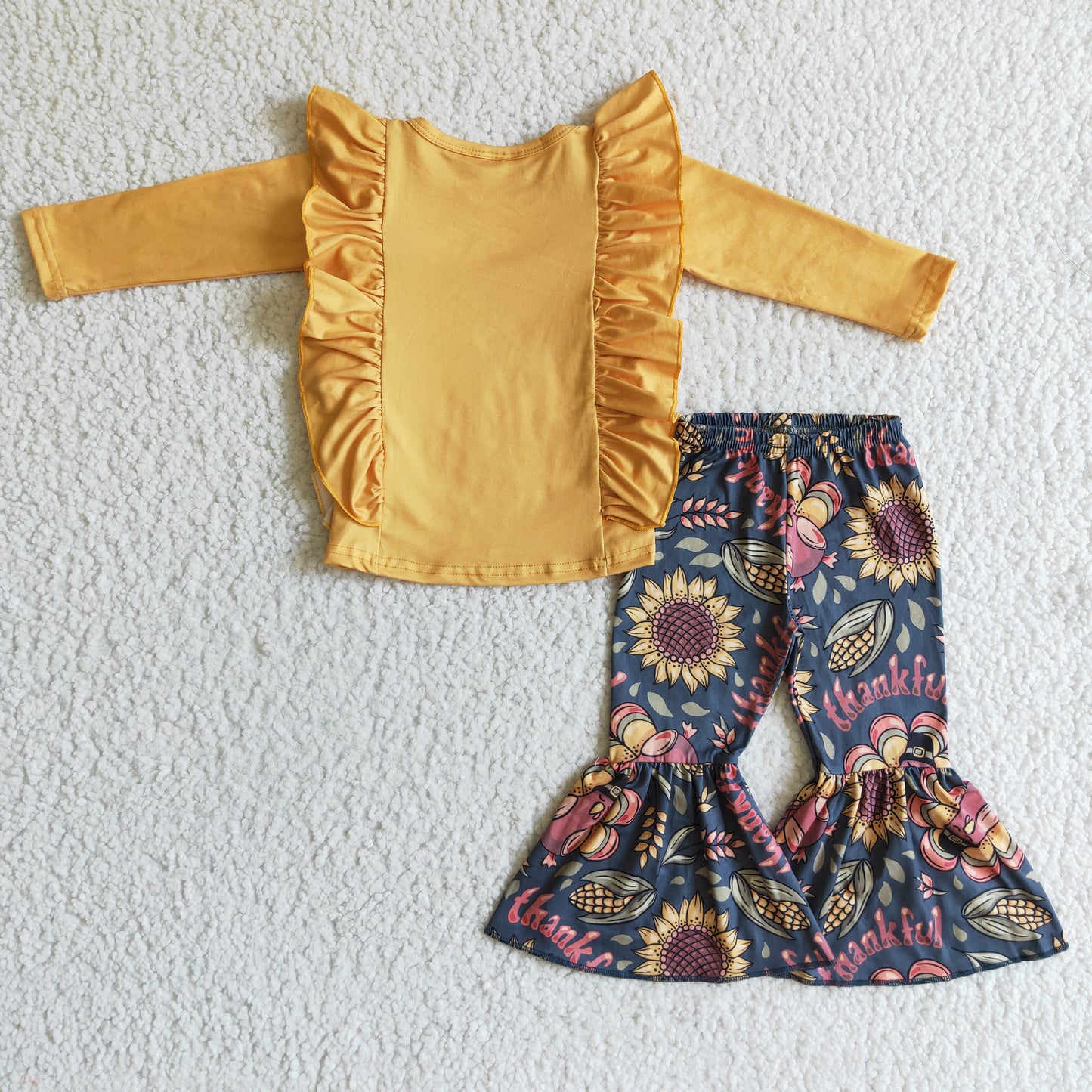 GLP0201 girl yellow long sleeve turkey top and sunflower bell pants outfit