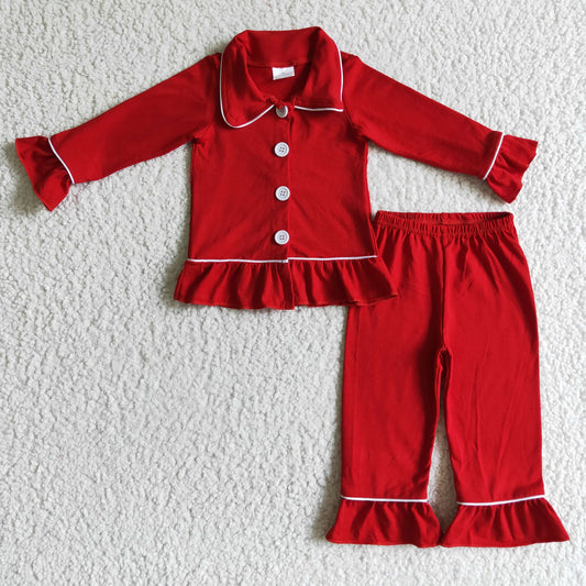 GLP0101 girl red cotton turn-down collar pajamas set fall winter kids outfit