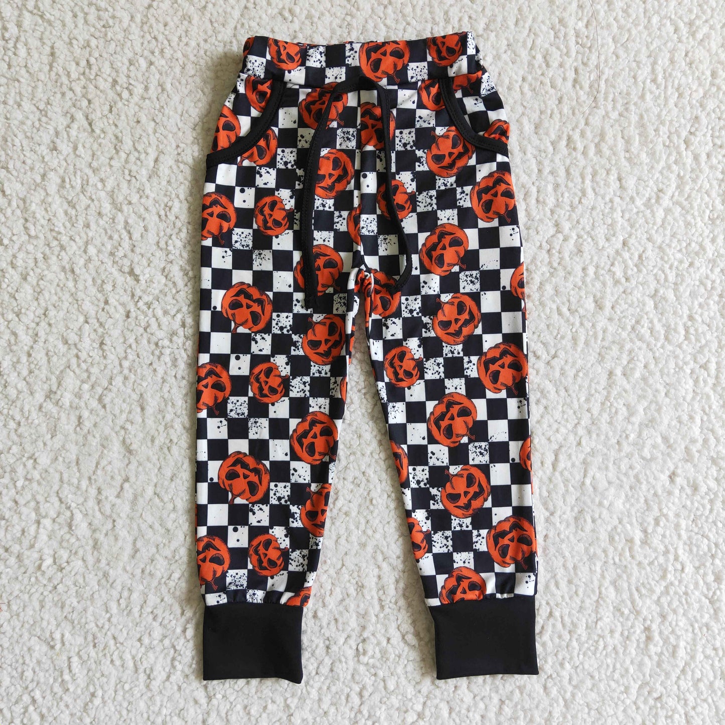 P0025 kids ready to ship elastic waist pants halloween pumpkin and plaid boy jogger pants