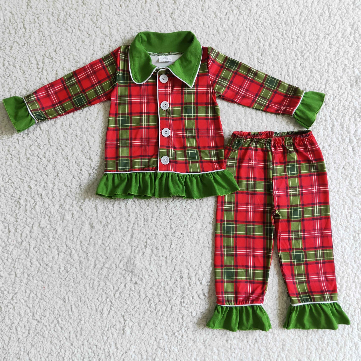 GLP0138 girl green and red plaid long sleeve outfit kids turn-down collar  pajamas set