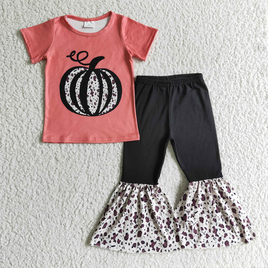 GSPO0190 girl watermelon red short sleeve top and black bell pants set halloween pumpkin outfit