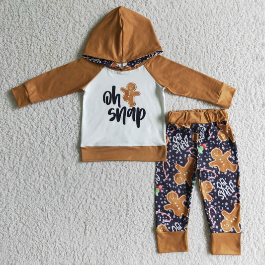 BLP0075 boy christmas  brown hooded top and gingerbread pattern pants 2pieces set