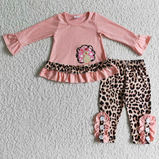 GLP0172 girl thanksgiving day pink cotton long sleeve top and leopard pants set with turkey embroidery