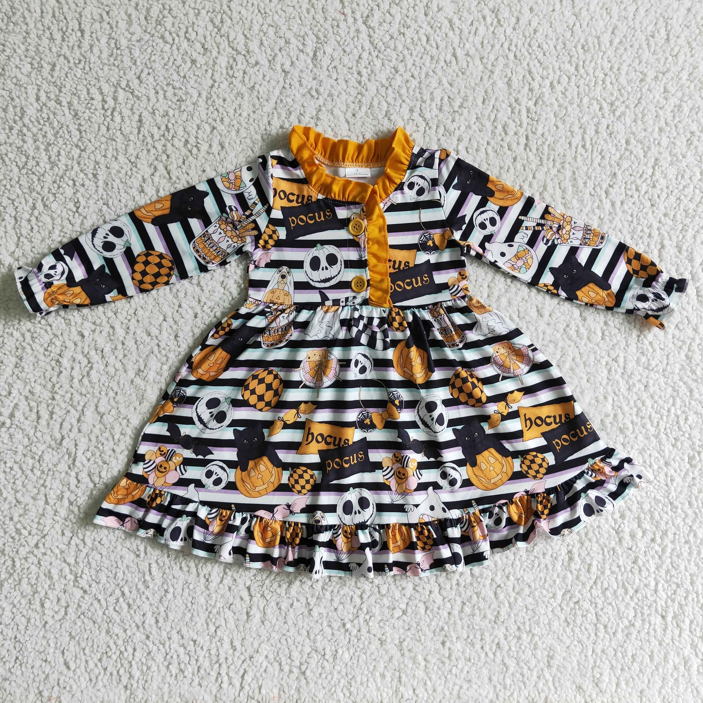 GLD0104 halloween long sleeve stripe and print twirl dress girl pumpkin frock