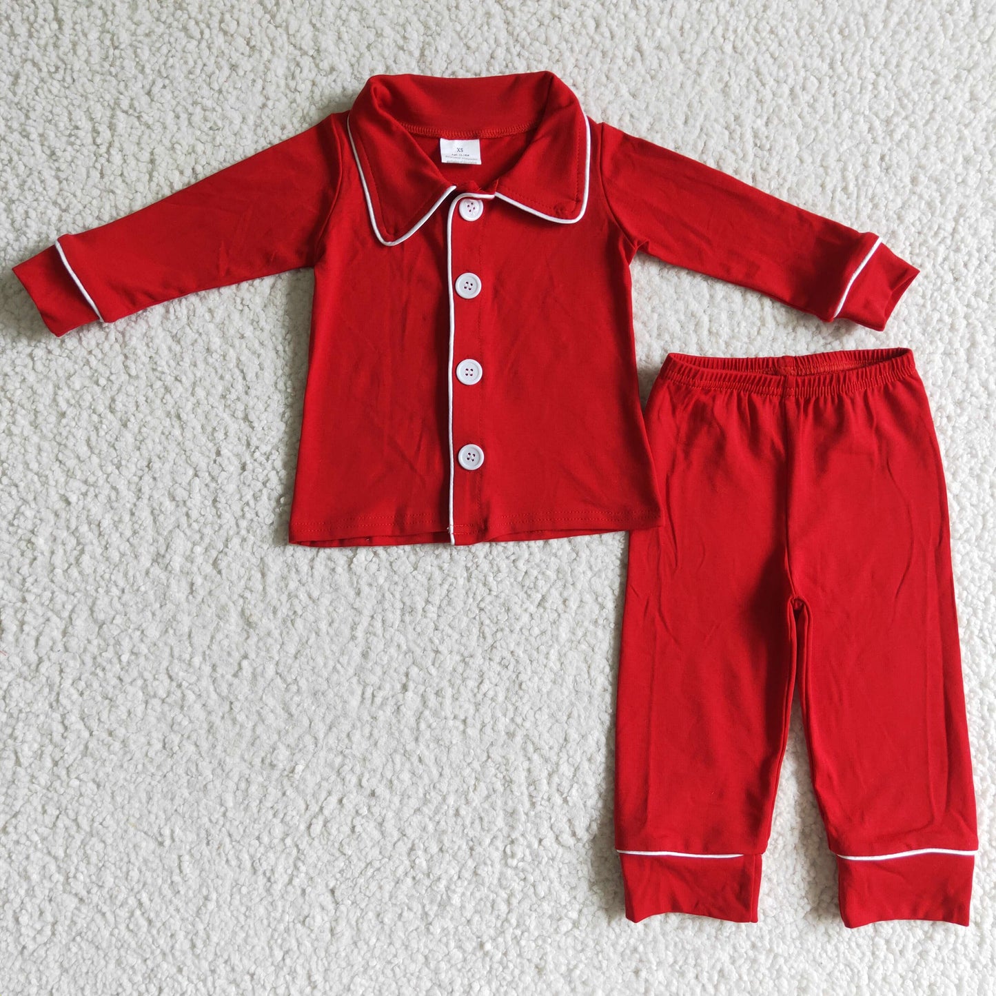 BLP0036 boy red cotton long sleeve pajamas set kids turn-down white button top and elastic waist pants