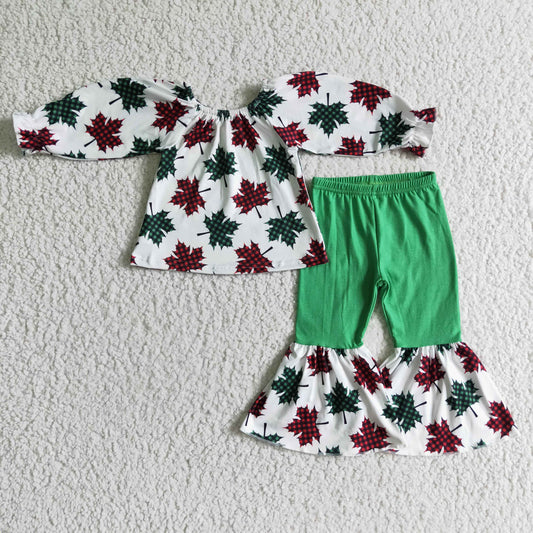 GLP0160 girl maple leaf long sleeve top and green bell pants 2pieces set kids fall outfit