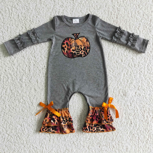 LR0139 fall girl long sleeve gray cotton romper kids pumpkin embroidery ruffle jumpsuit with bow