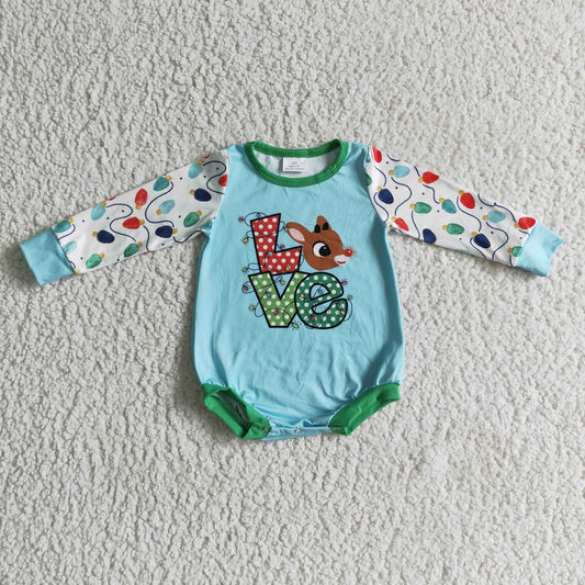 LR0156 infants baby blue long sleeve romper love letter and cute deer print jumpsuit
