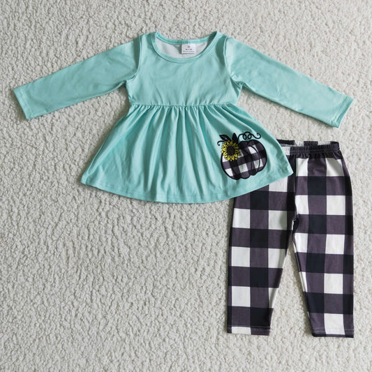 GLP0252 girl blue long sleeve blouses and black white plaid straight pants with pumpkin