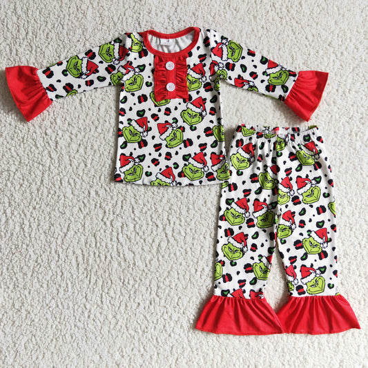 GLP0214 girl red ruffle long sleeve pajamas set christmas leisure outfit