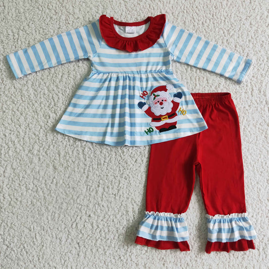 GLP0175 girl santa embroidery long sleeve top and red ruffle pants set christmas cotton outfit