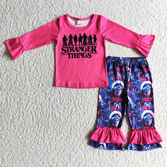 GLP0176 girl fall long sleeve rose red top and elastic waist ruffle pants set