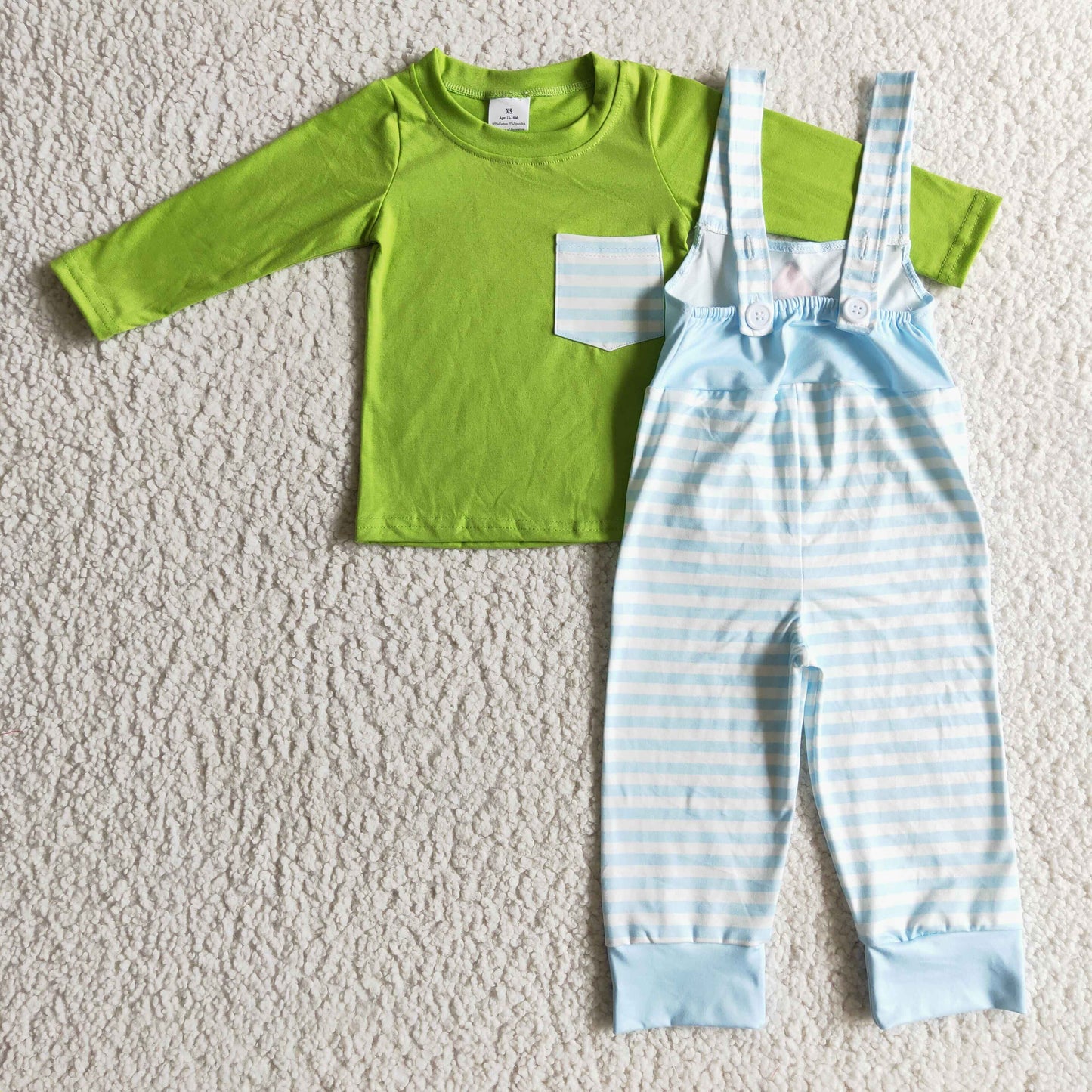 BLP0074 new arrival boy green long sleeve shirt with pocket match stripe overalls for winter