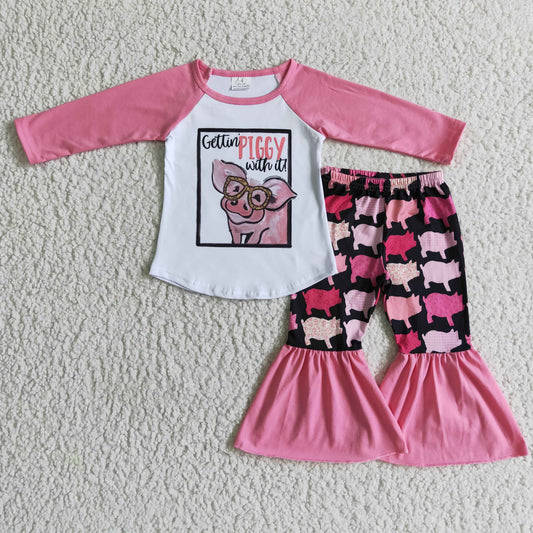 6 A10-17 ready to ship girl pink long sleeve shirt and elastic waist pants 2pieces set