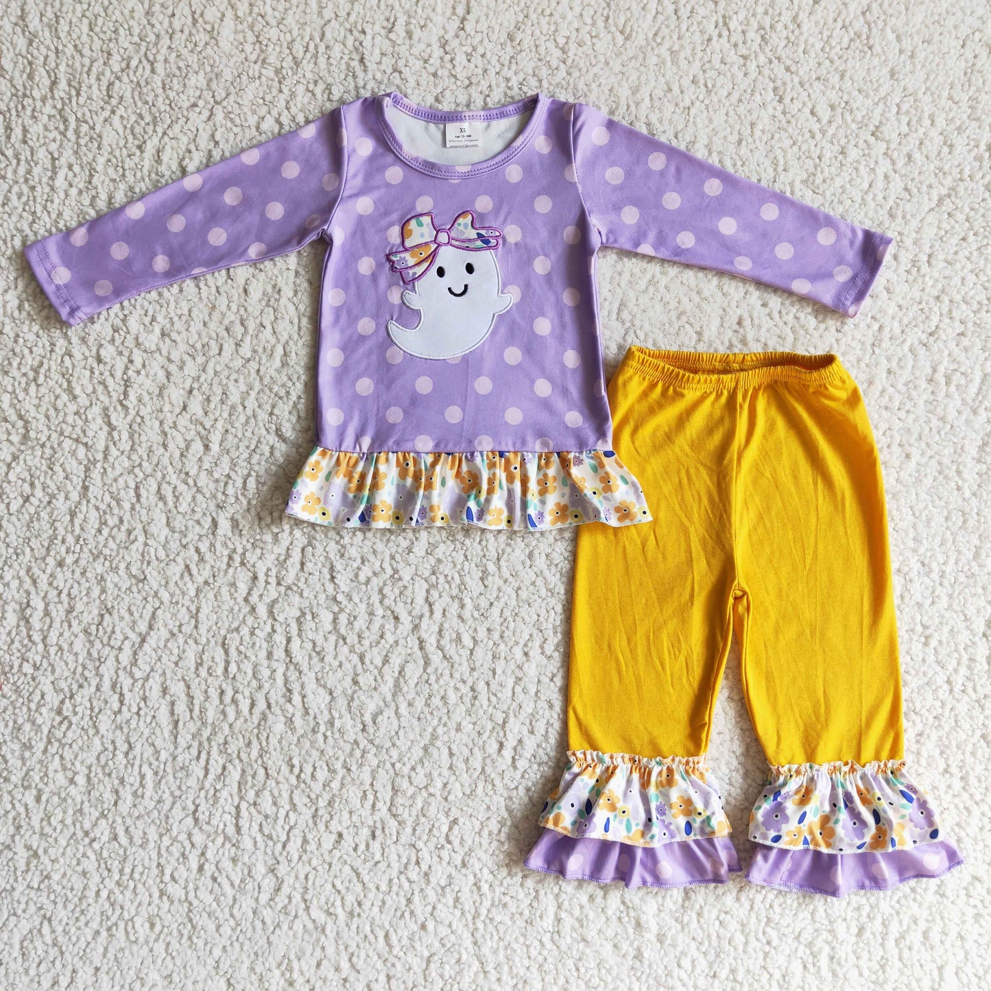 GLP0200 halloween girl purple long sleeve top with white polka dot and yellow ruffle pants set