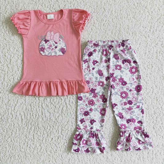 GSPO0191 girl pink puff sleeve top and flowers print ruffles pants set for fall