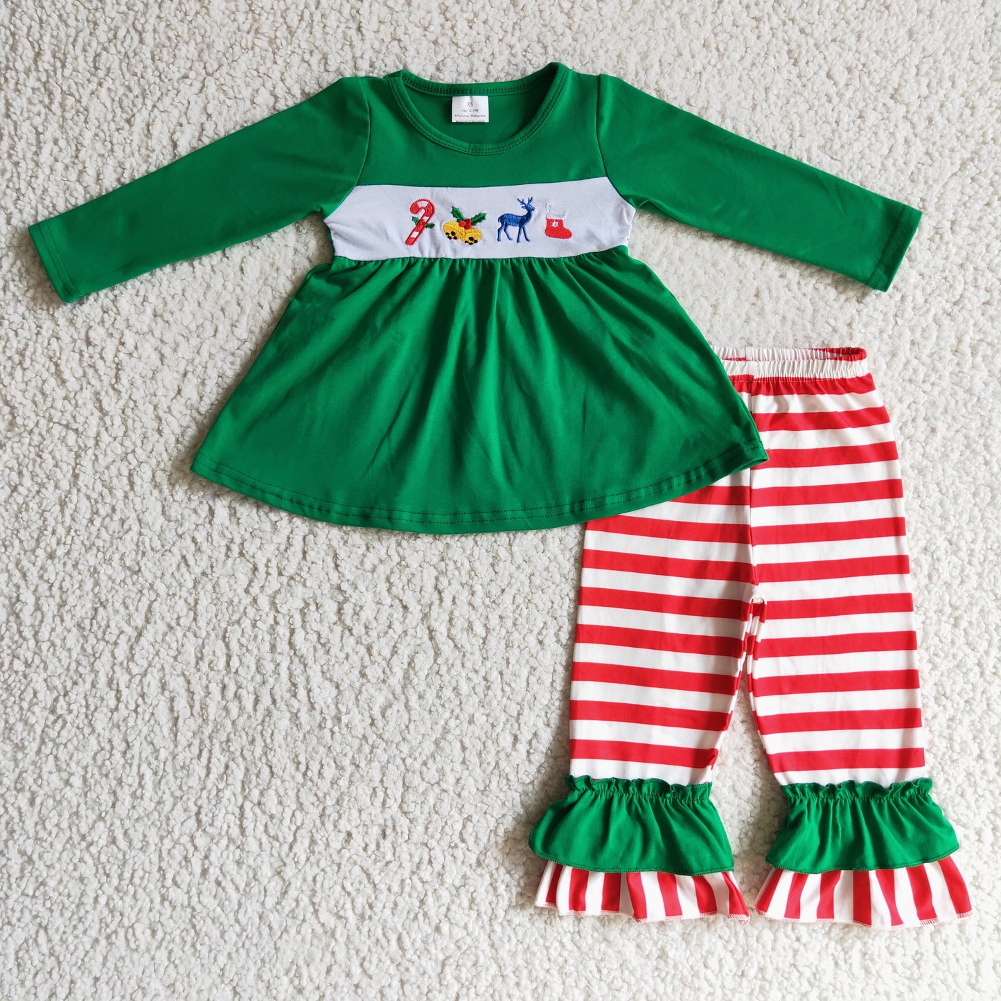 GLP0166 girl green cotton long sleeve top with deer embroidery match stripe ruffle pants