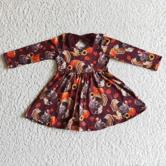 GLD0053 girl thanksgiving turkey and pumpkin print long sleeve twirl dress with bow