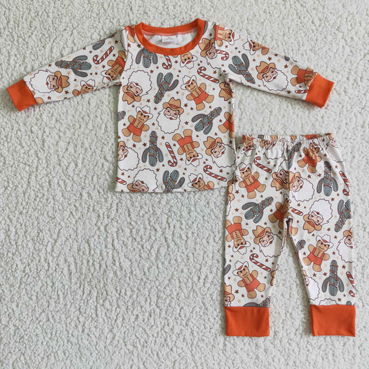 BLP0082 christmas gingerbread and cactus print long sleeve pajamas set boy o-neck outfit