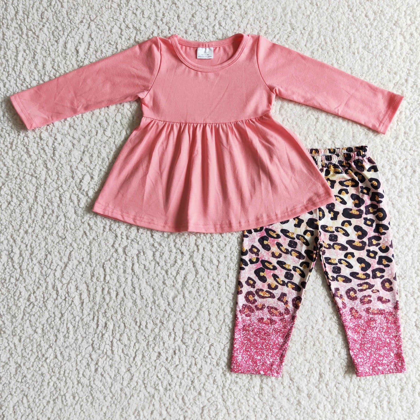 GLP0108 girl pink long sleeve top and leopard straight pants kids fall outfit