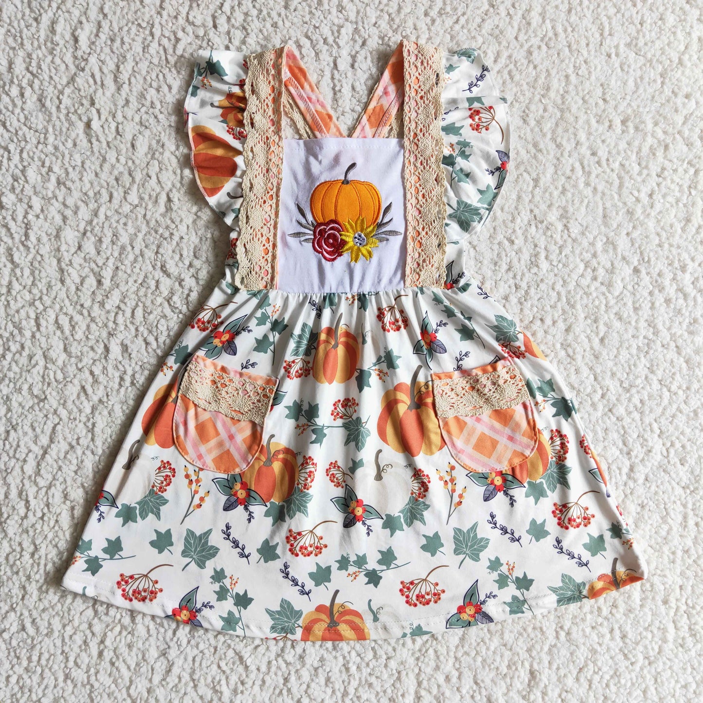 GSD0146 girl pumpkin embroidery and flowers print short sleeve dress with lace pockets