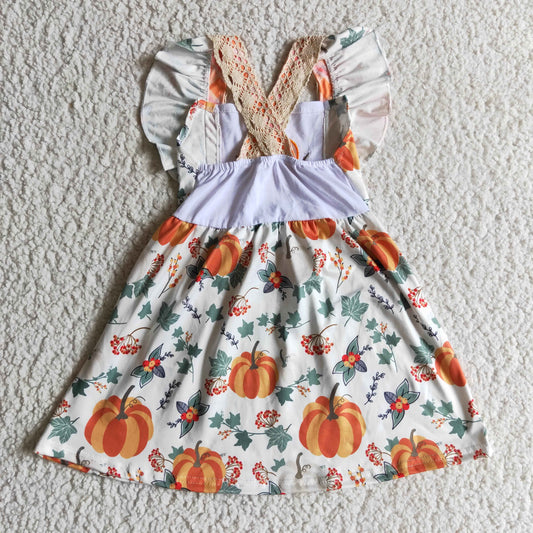 GSD0146 girl pumpkin embroidery and flowers print short sleeve dress with lace pockets