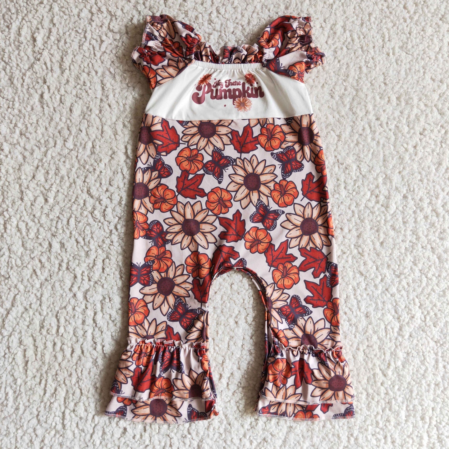 SR0094 baby girls short sleeve pumpkin romper fall floral and letter design jumpsuit