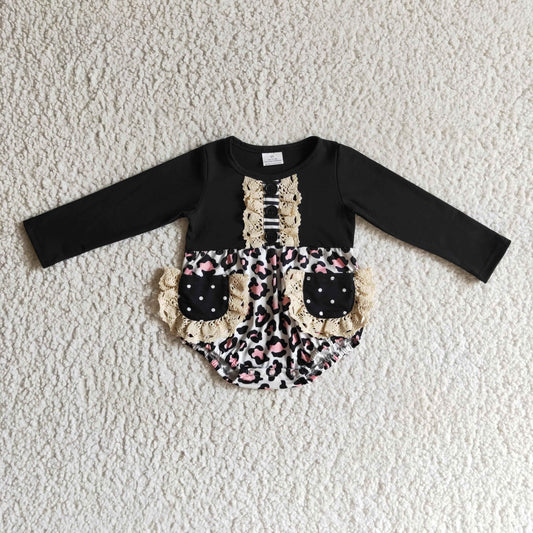 LR0167 baby girls black long sleeve romper with dot pockets infants leopard stitching jumpsuit