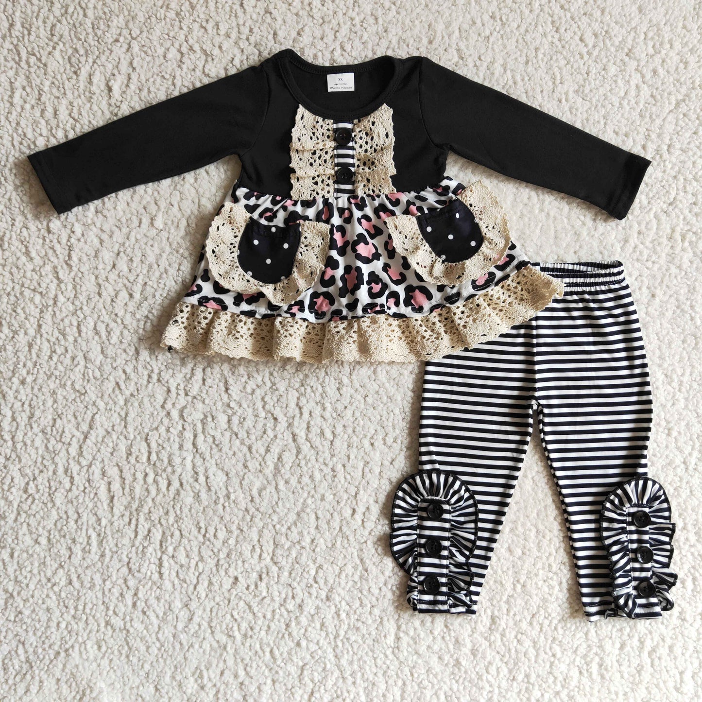 GLP0232 girl long sleeve top with lace packets match stripe elastic waist pants fall leopard outfit